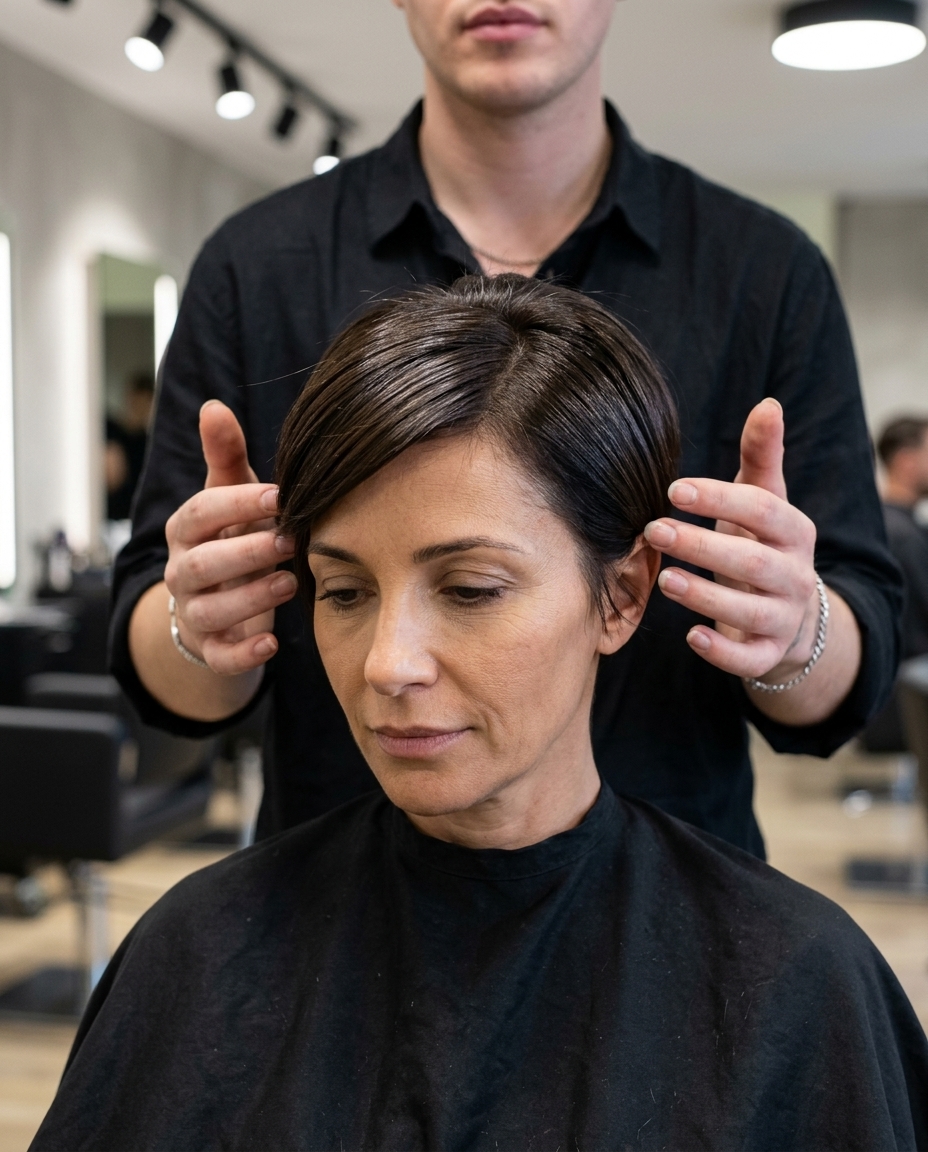 short pixie haircut deep espresso brunette, tapered sides — professional, authoritative