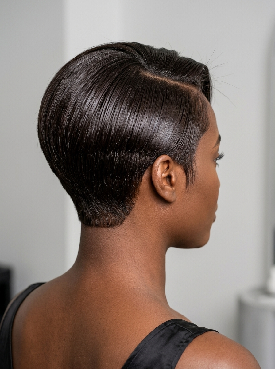 short cropped pixie with espresso brunette, tapered sides, blunt top — bold modern look