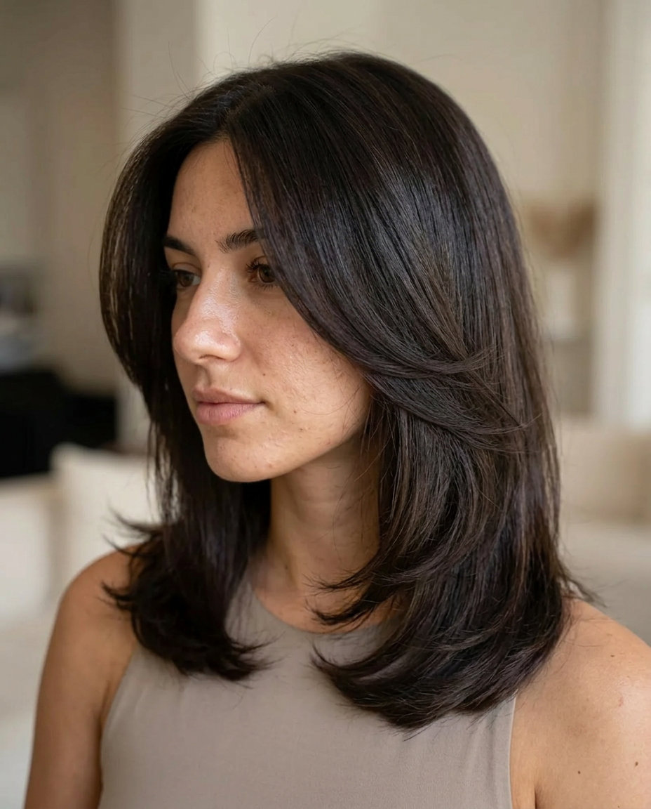 shoulder-length butterfly haircut with deep espresso brunette, internal layering, rounded V-shape back — sophisticated modern look