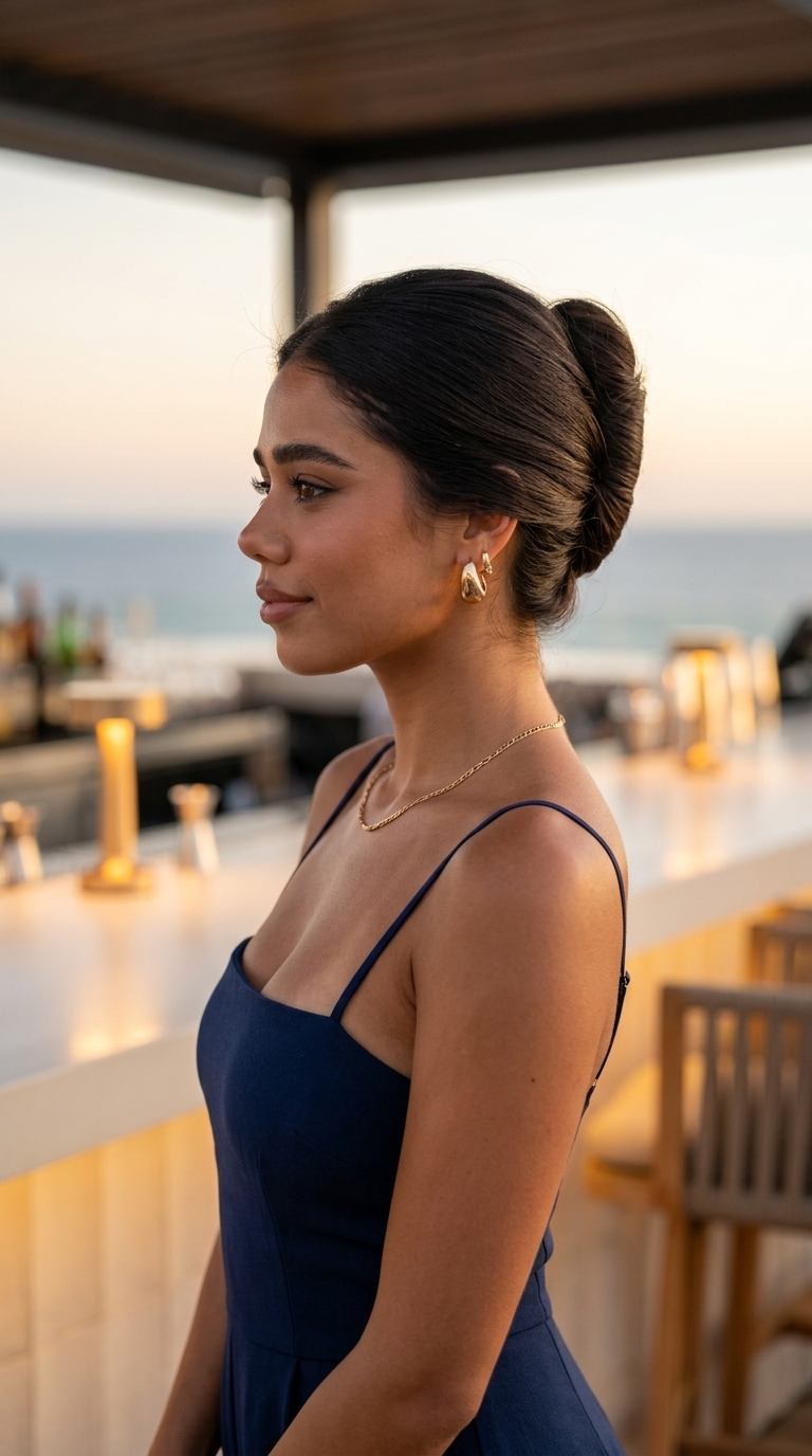 shoulder-length espresso roast french twist with deep natural tones, sleek polished look for formal events