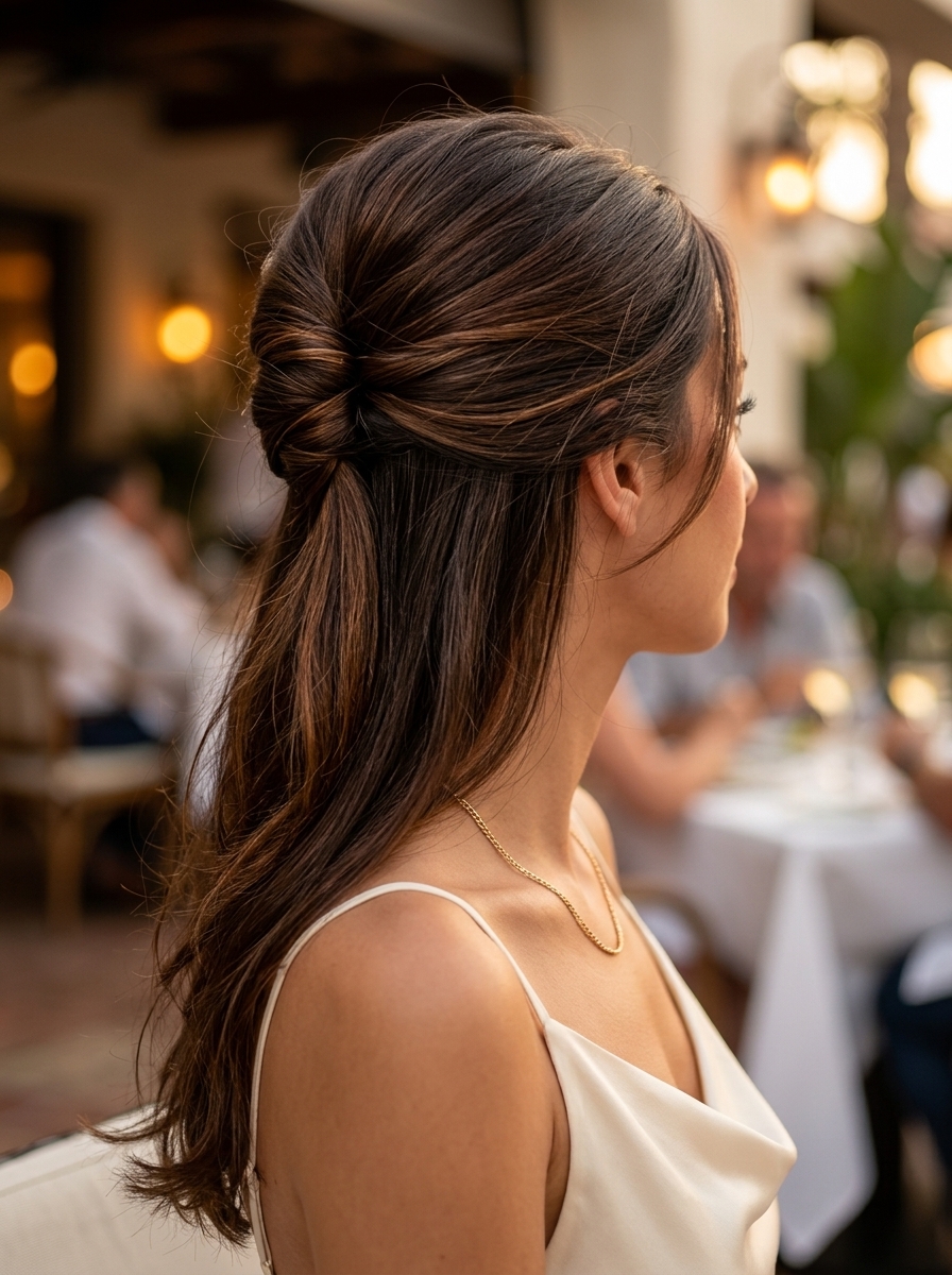 espresso brunette twisted summer half up half down hairstyles 2026 with caramel undertones, vertical twist, no fringe — chic professional