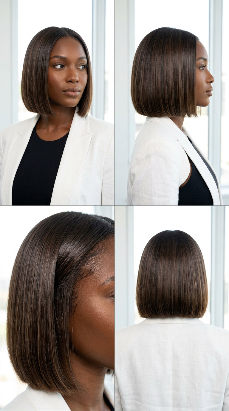 cheekbone-length bob glassy sleek with deep espresso, blunt cut, no fringe — corporate presentation