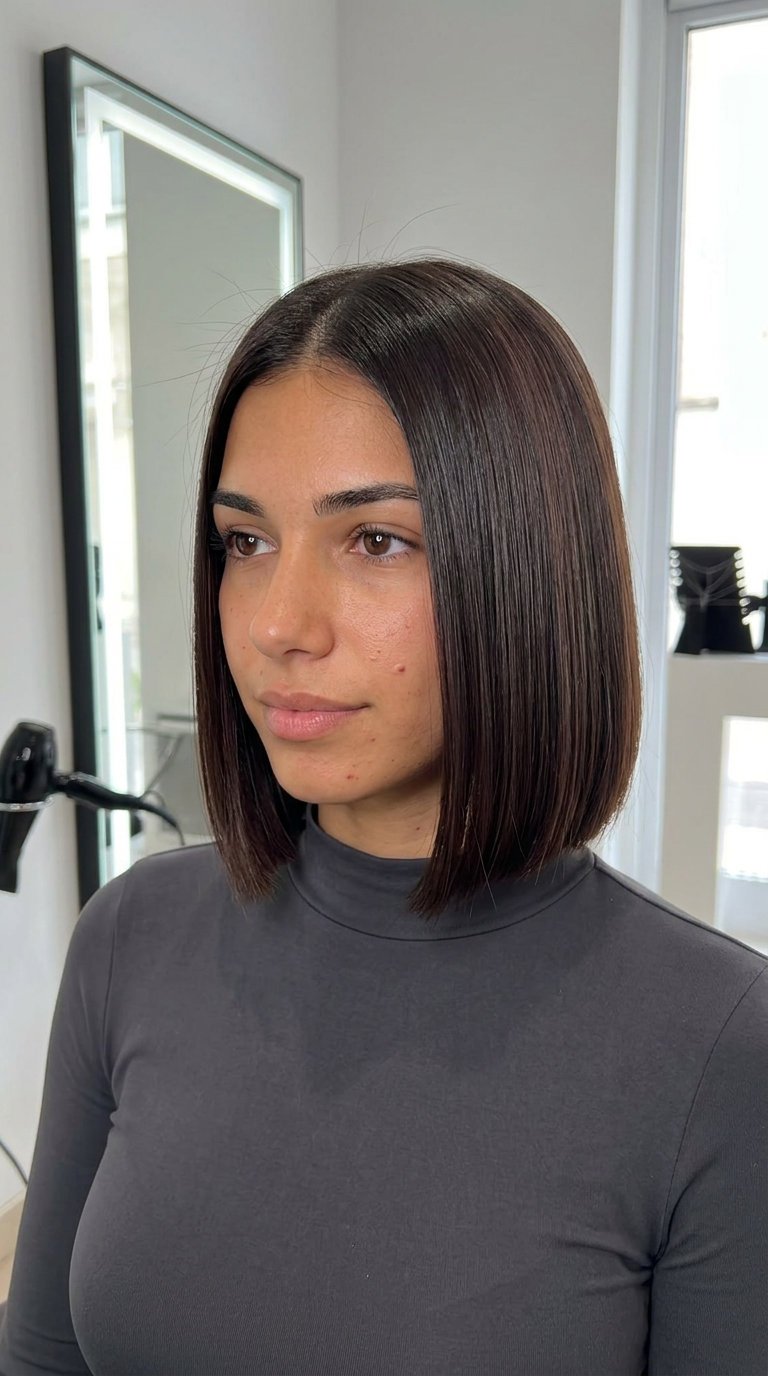 chin-length blunt bob with deep espresso and no bangs for summer