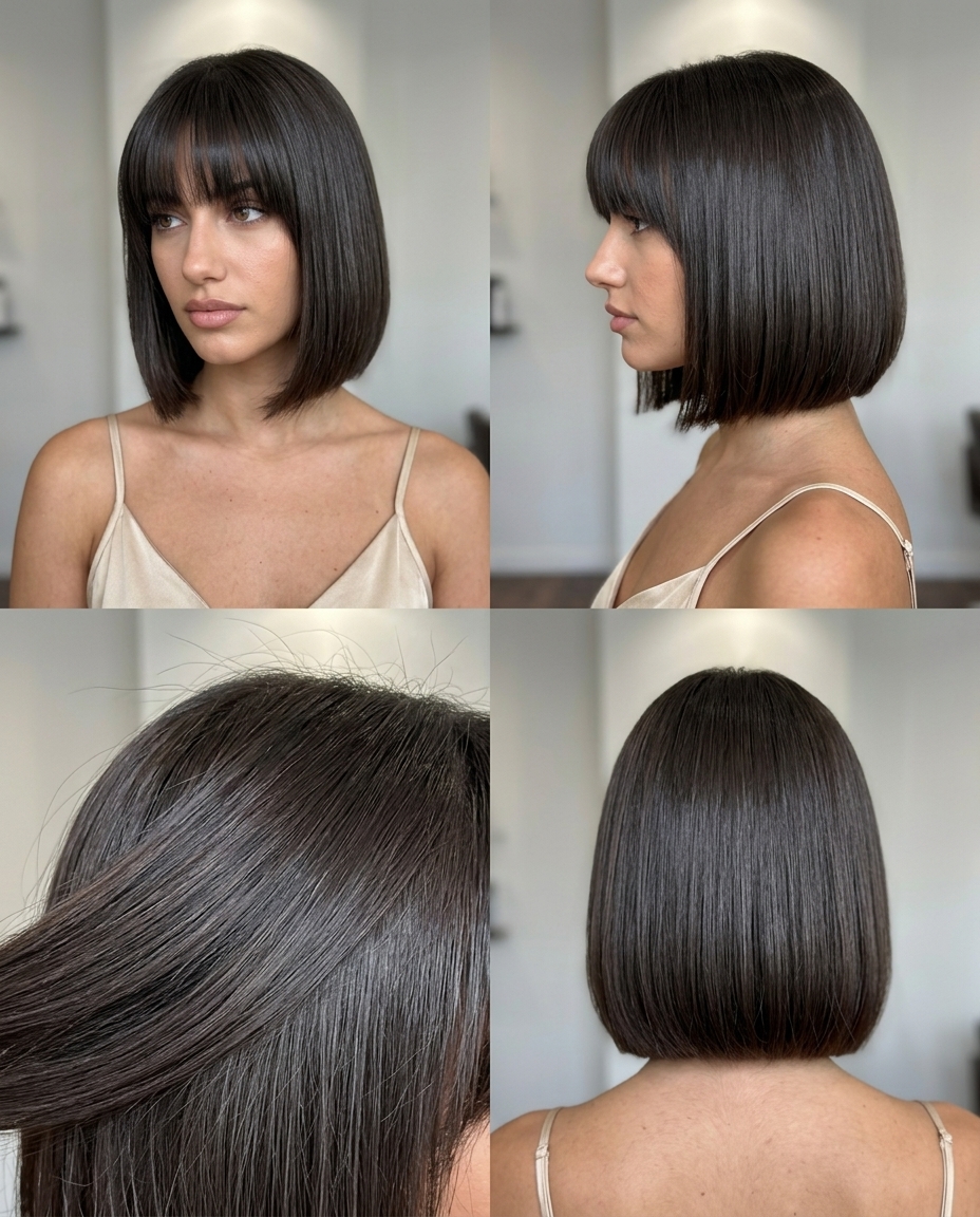 Chic Espresso Bob with Blunt Bangs 2026 chin-length bob haircut with deep espresso, blunt cut, blunt bangs for office