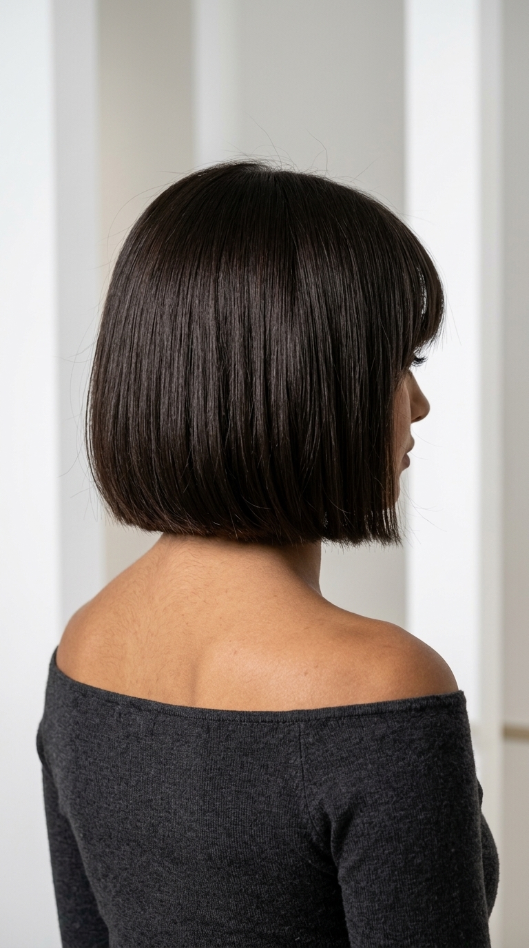 Chic Espresso Italian Bob with Blunt Bangs 2026 chin-length bob haircut with espresso roast, internal texture, blunt bangs for professional