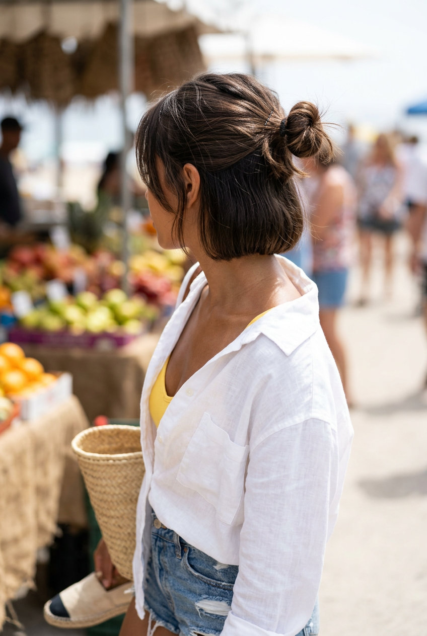 chin-length bob messy bun with expensive espresso, top knot, face-framing pieces — weekend casual