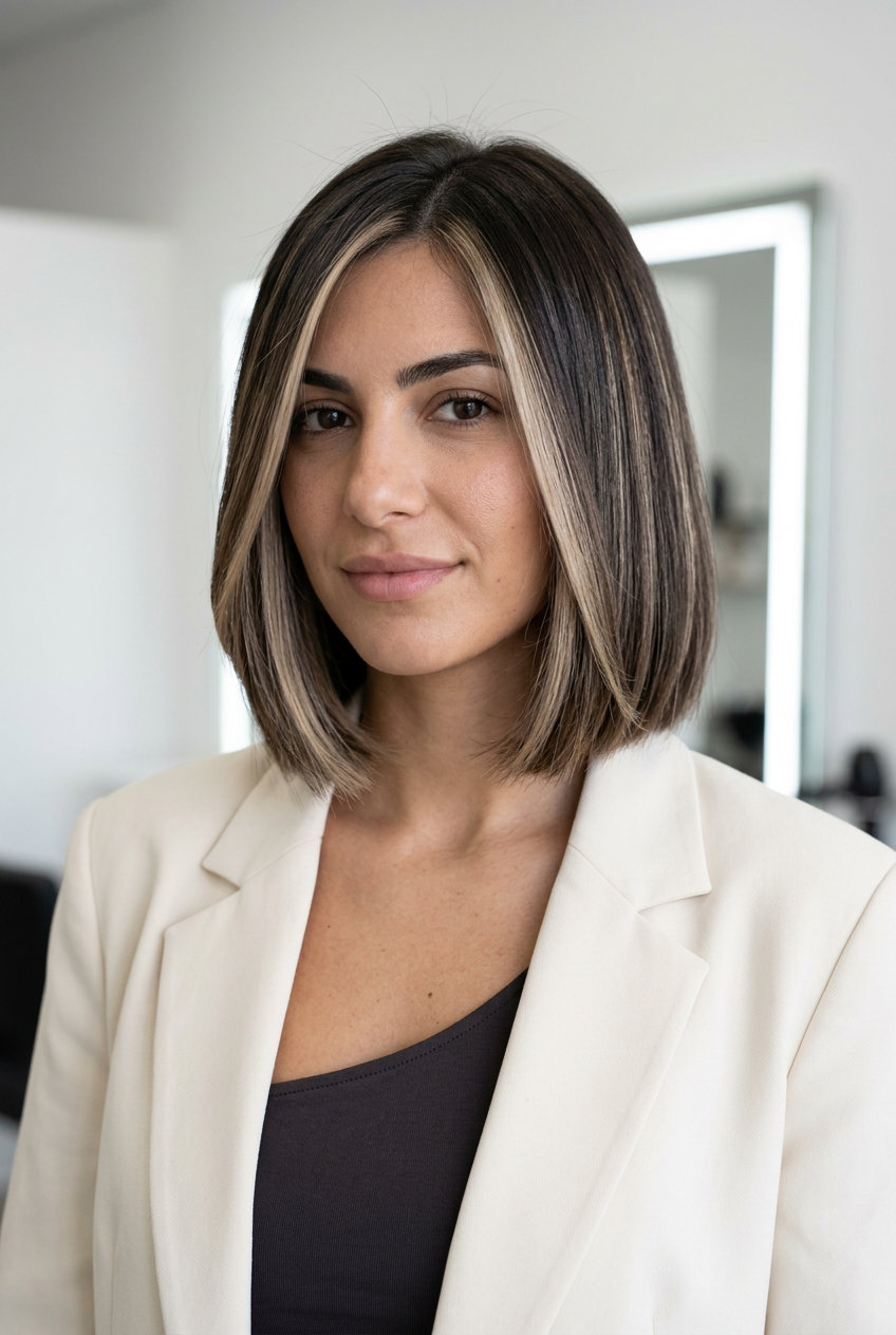 chin-length espresso bob with sandy blonde money piece for vacation