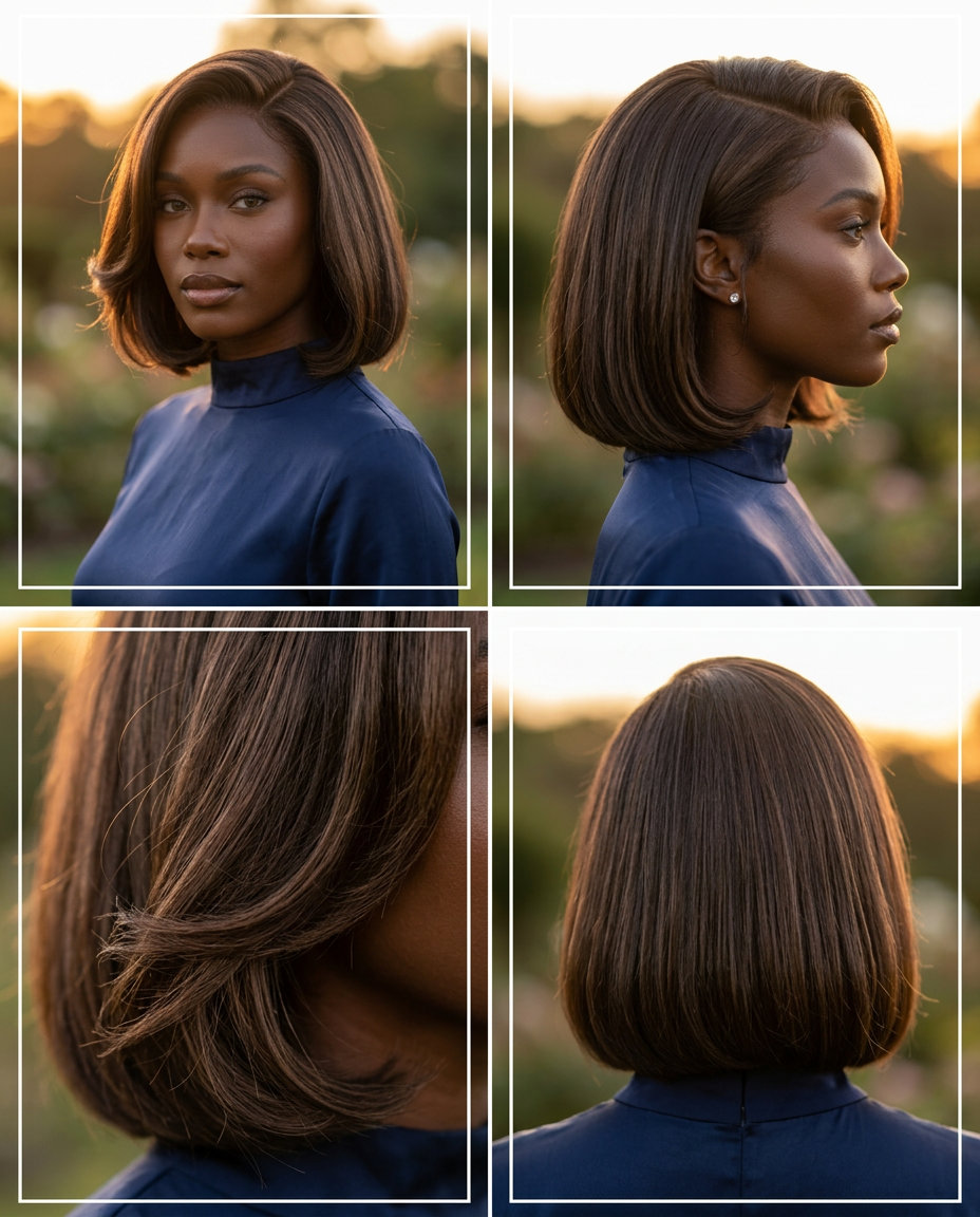 chin-length bob haircut with expensive espresso color and polished waves for summer