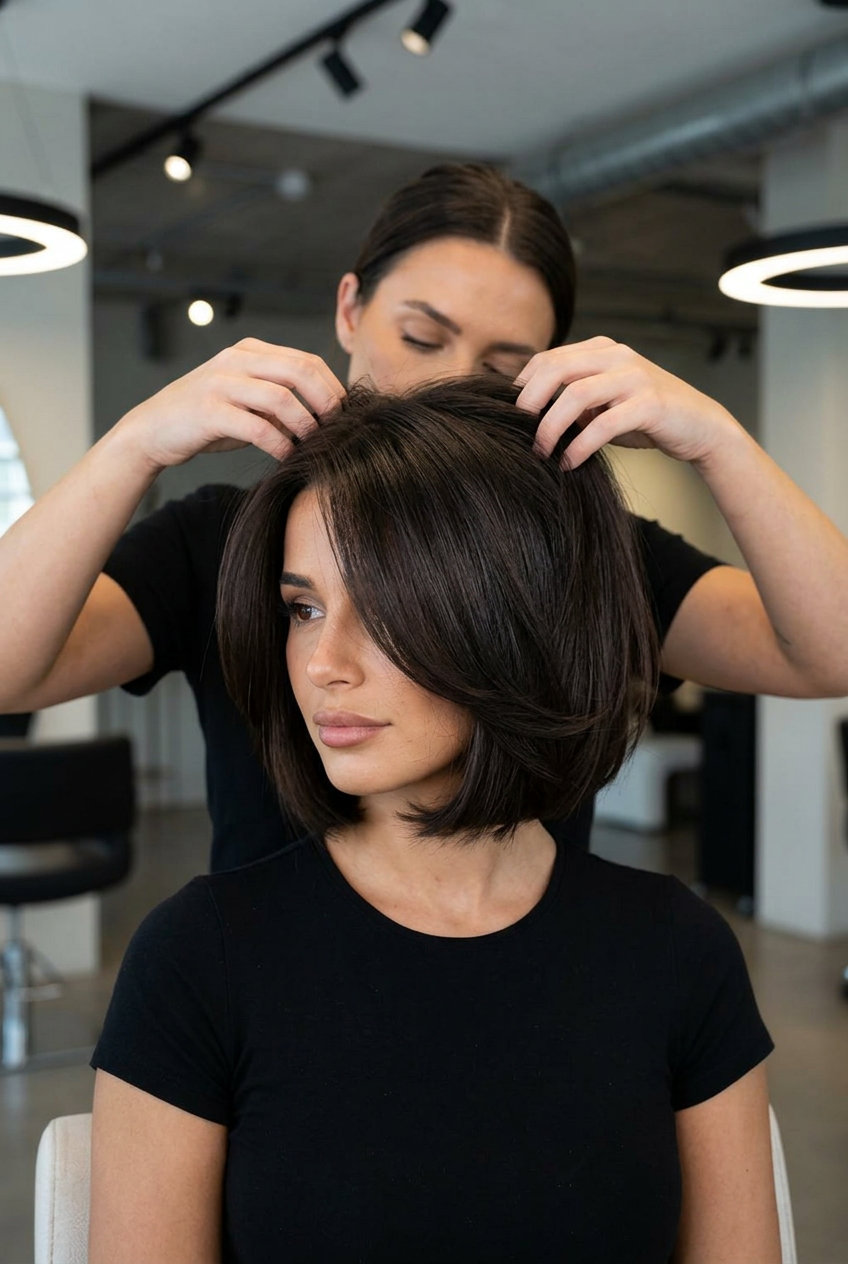 chin-length italian bob in deep espresso with blunt perimeter and internal layers for gala