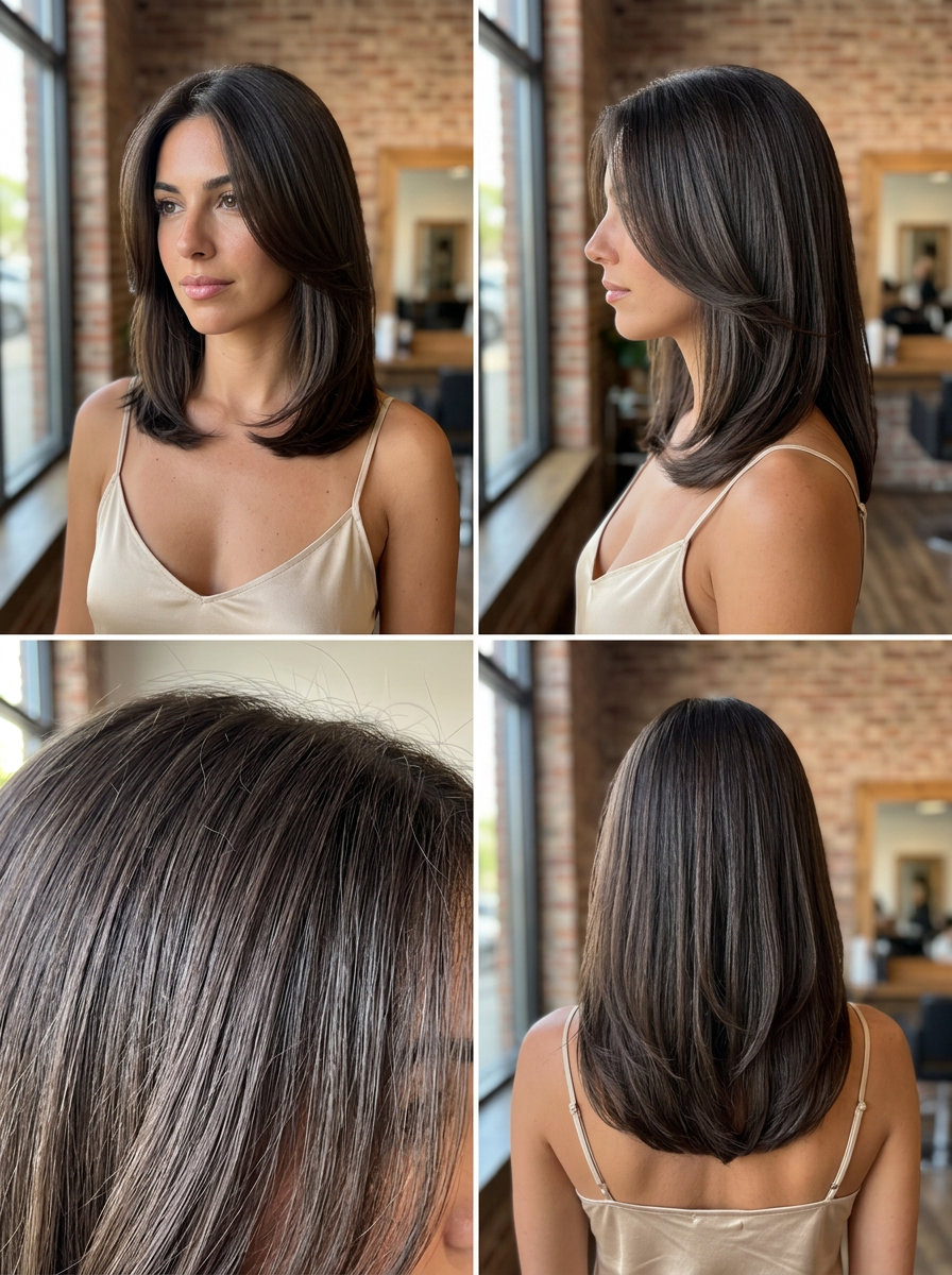 Sleek Espresso Roast Curve Cut: Professional Hair 2026 short espresso roast brunette haircut with cool ash undertones, inward-curving layers for office