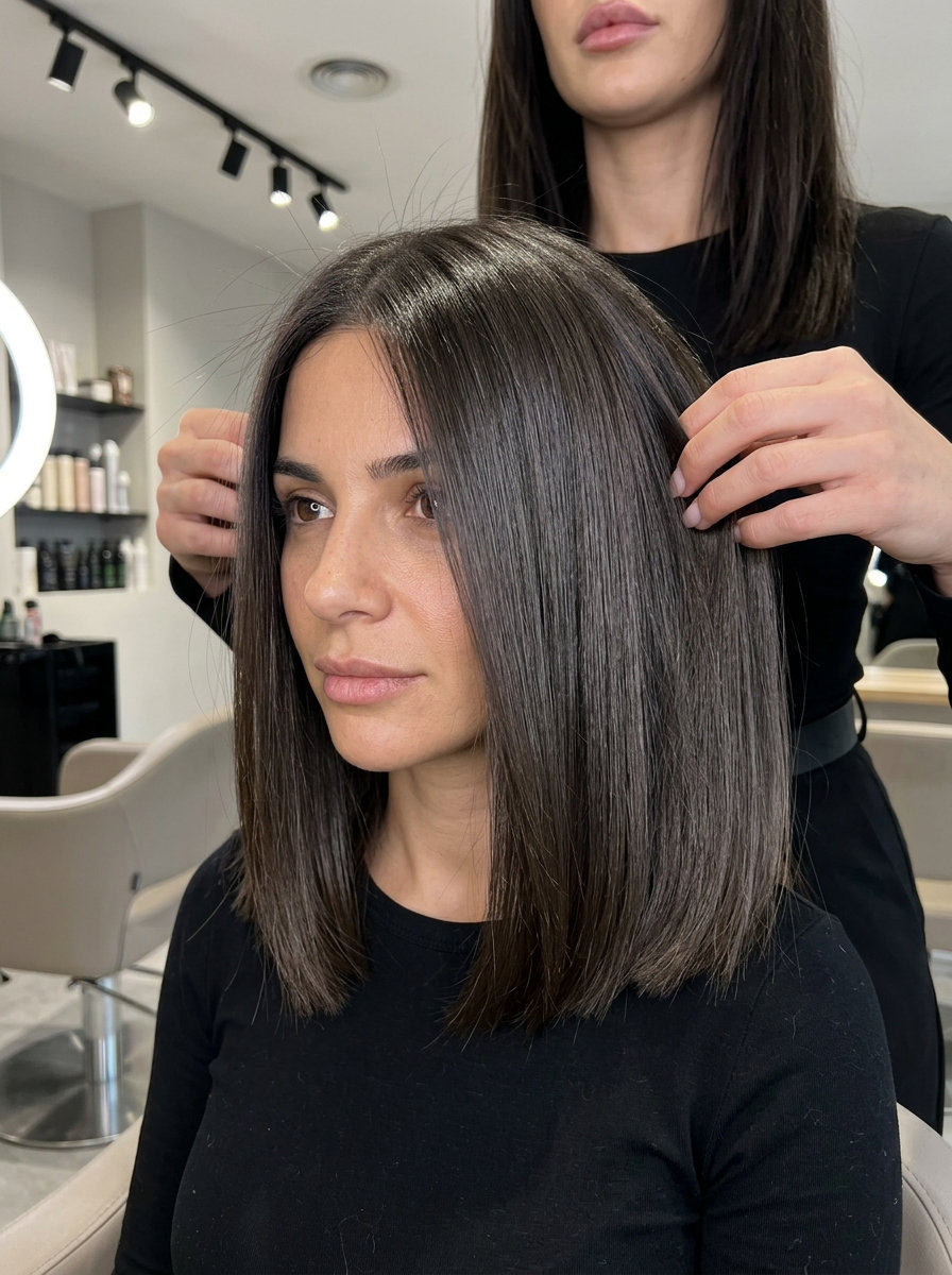 Quiet Luxury Lob: Sleek Brunette Haircut 2026 collarbone-length espresso roast brunette haircut with cool undertones, blunt ends for dinner date