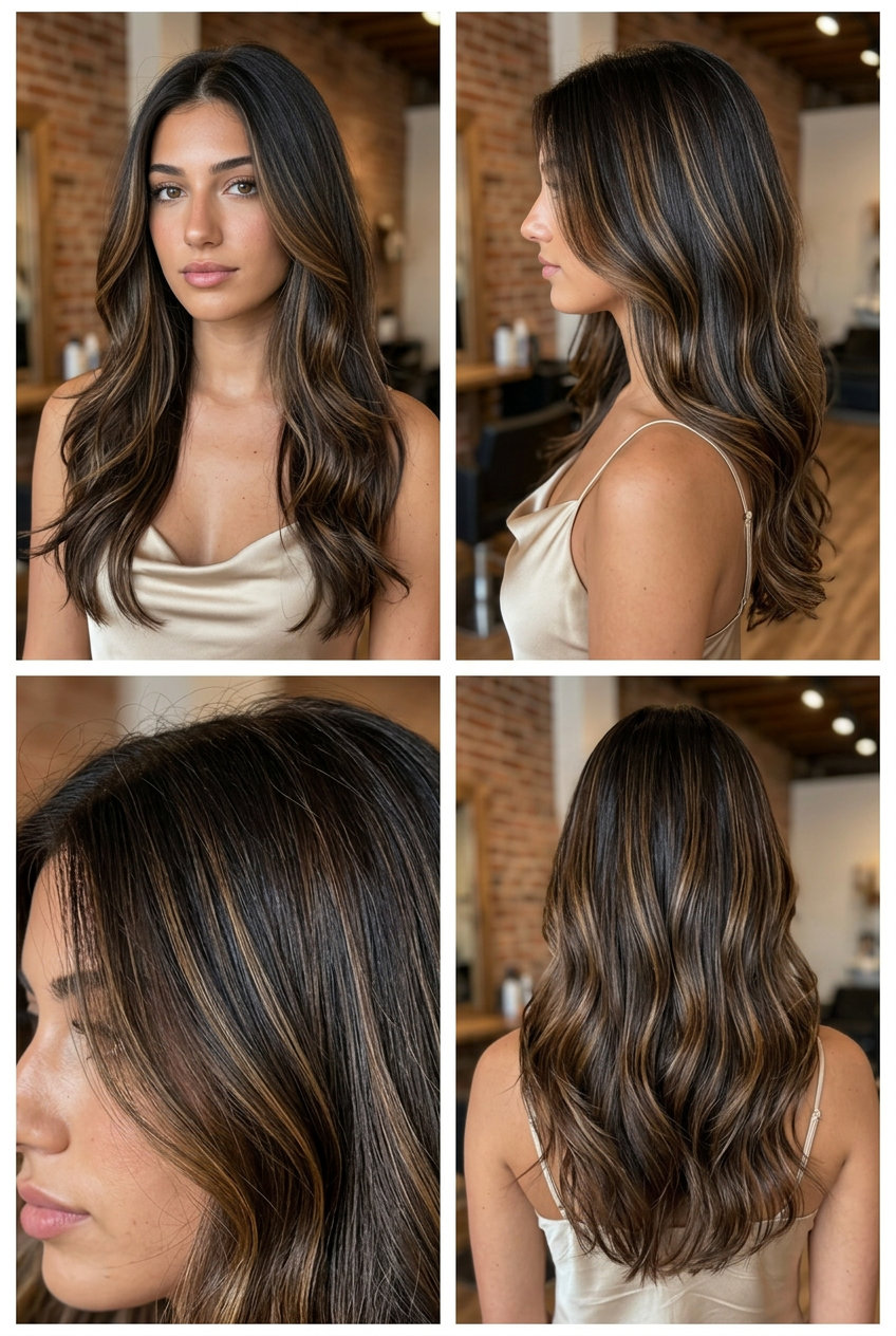 long balayage with espresso gold caramel, fine high-shine threads, minimal face-framing — sophisticated corporate event