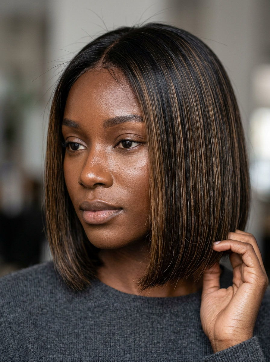 chin-length blunt bob with espresso gold caramel balayage, minimal layering, deep side part — edgy & bold