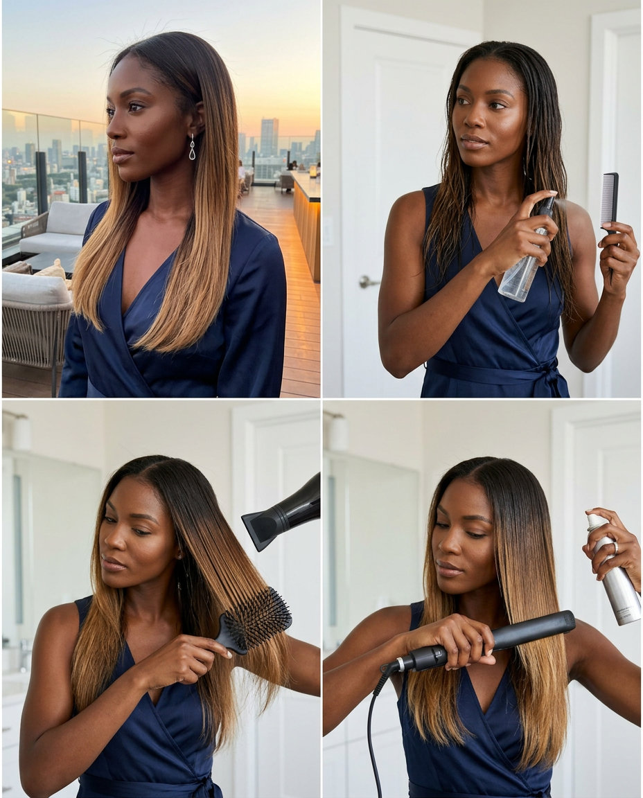 long espresso to honey blonde ombré with glass-like finish for summer