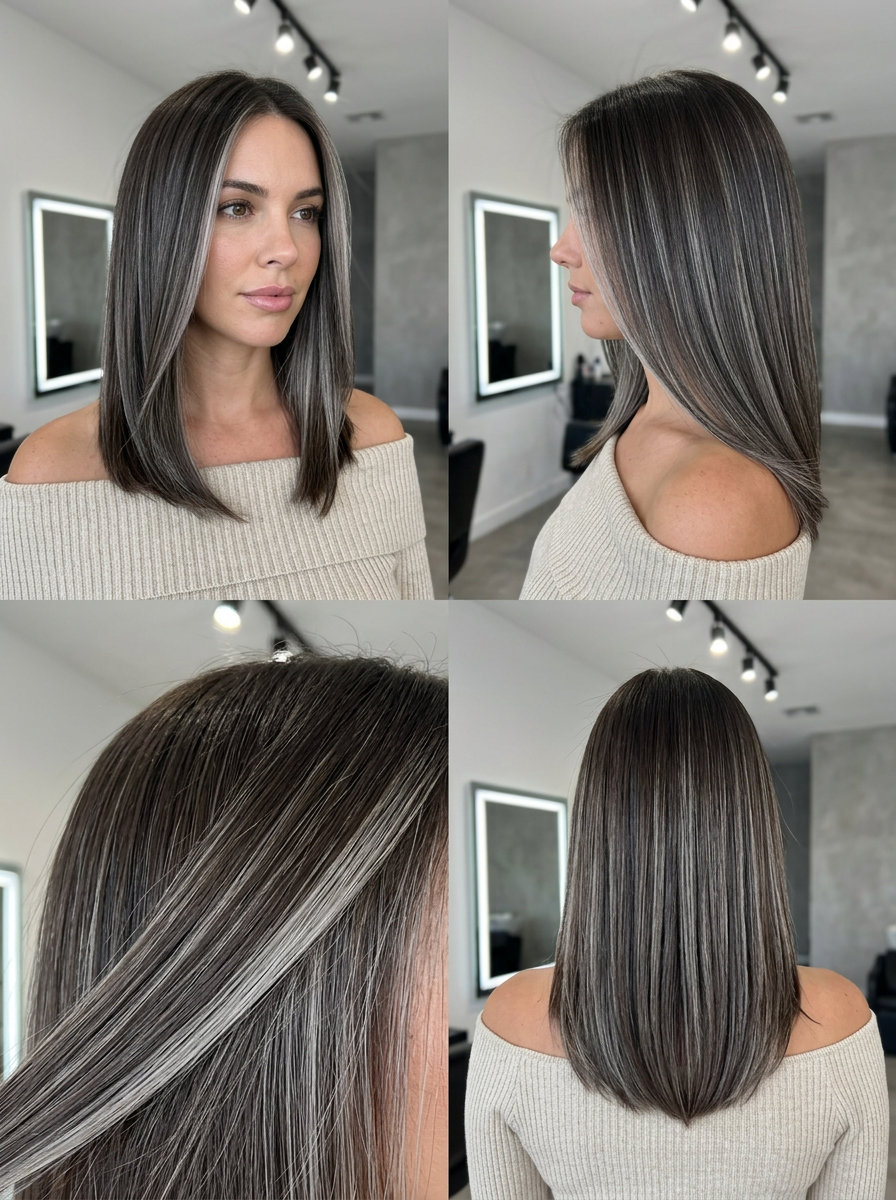 deep cool espresso hair color with icy silver micro-lights, face-framing for summer 2026