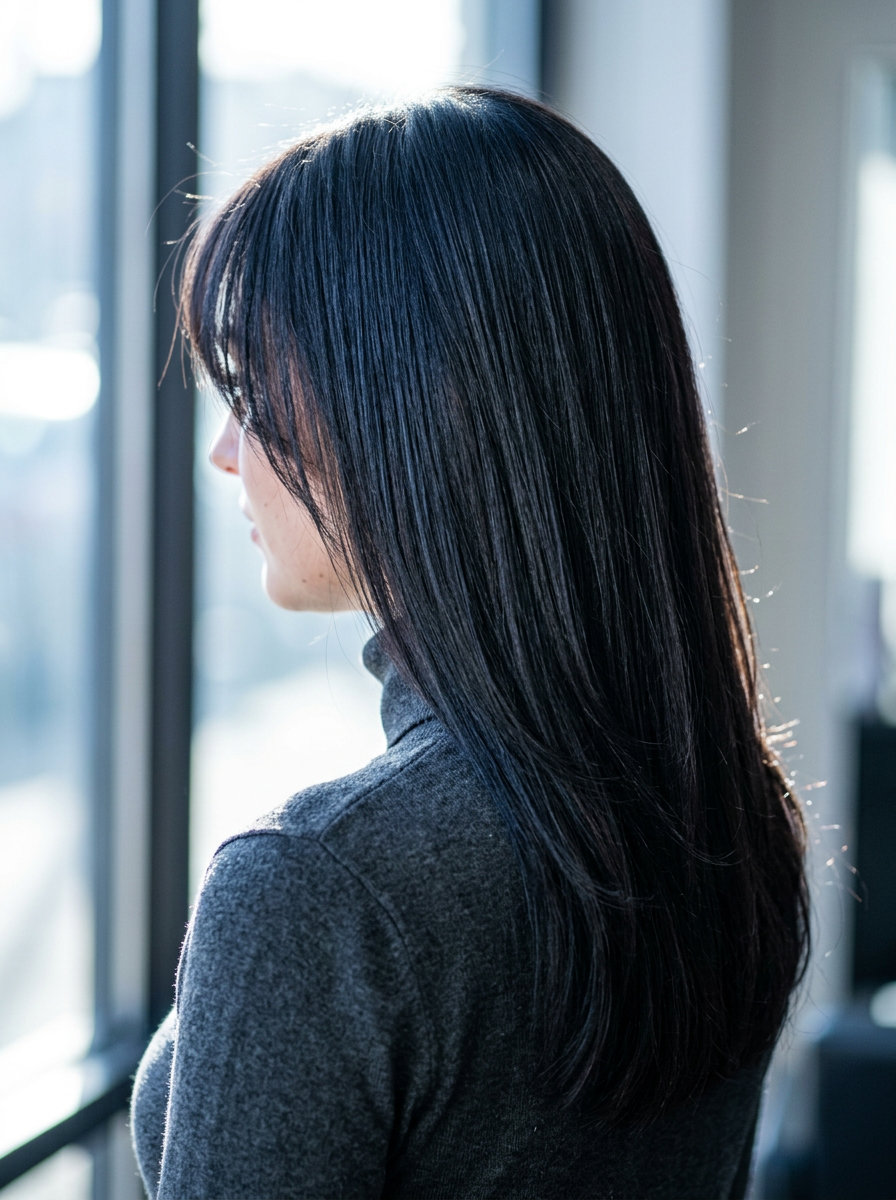 long espresso brunette with Birkin bangs and high-gloss finish for professional events