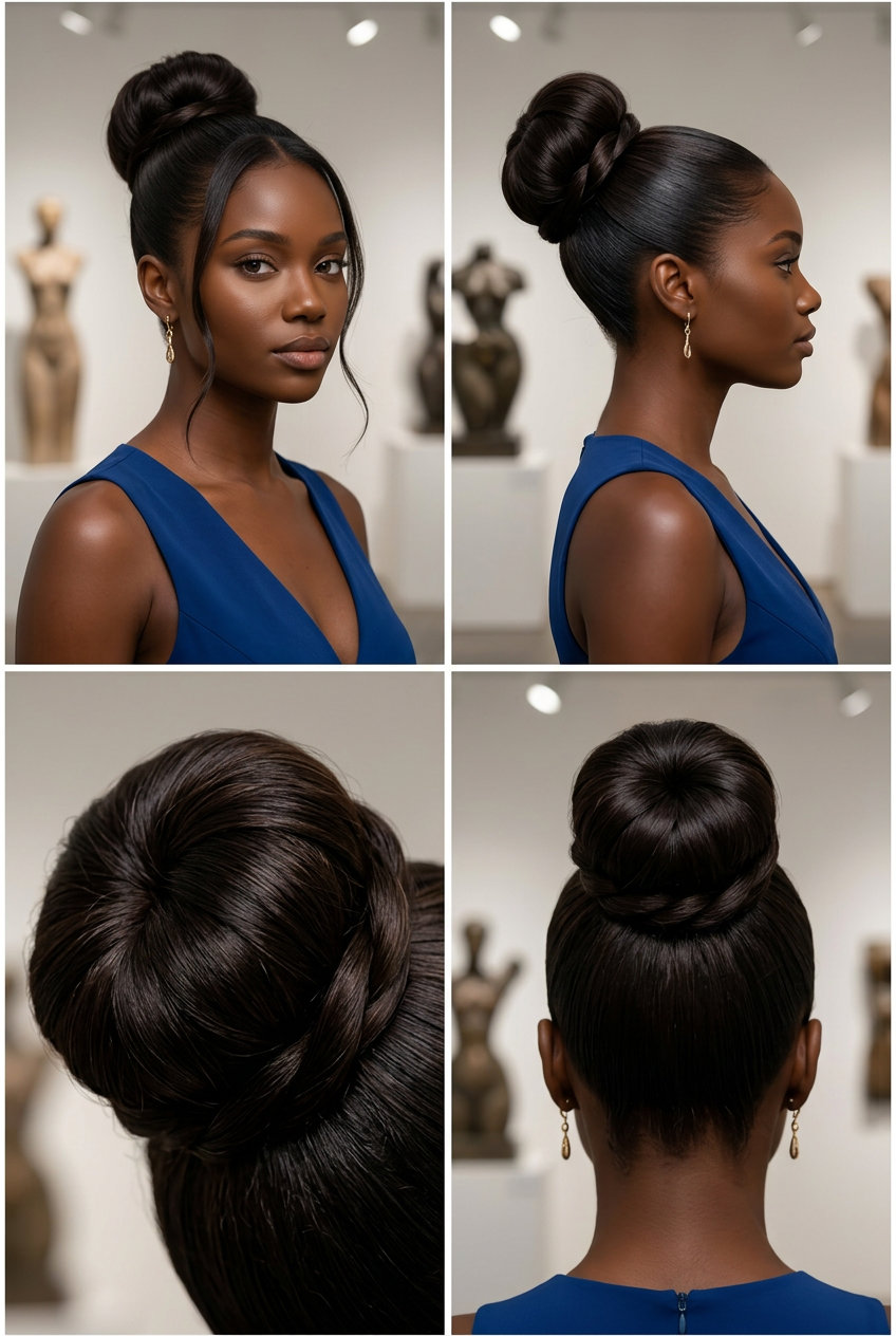 Elegant High Bun: Summer Vacation Hairstyle 2026 long dark espresso high bun with smoothing serum and edge control for summer vacation 2026
