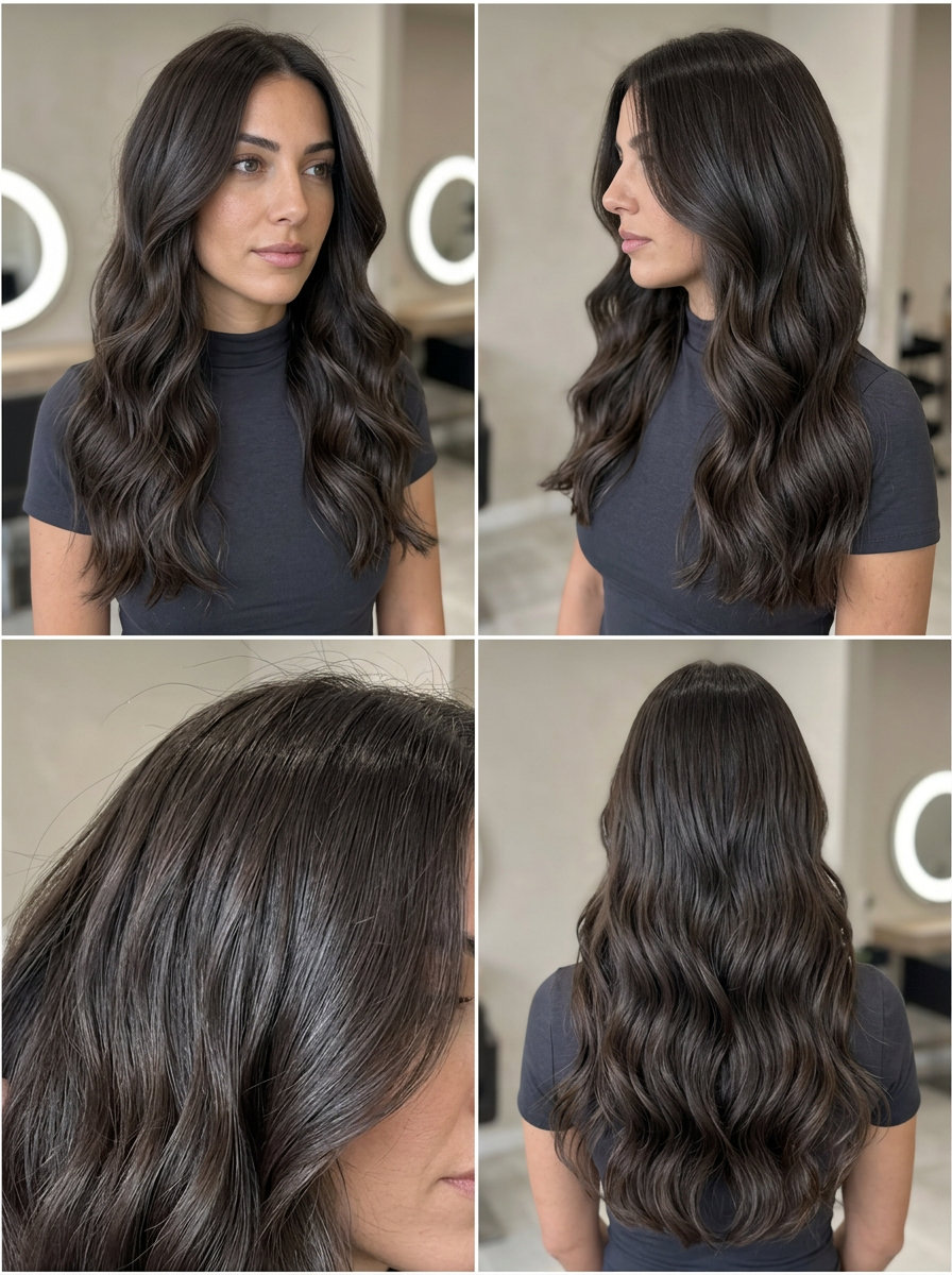 Elegant Espresso Roast Waves: Long Haircut 2026 long espresso roast brunette haircut with cool ash undertones, graduated layers for gala