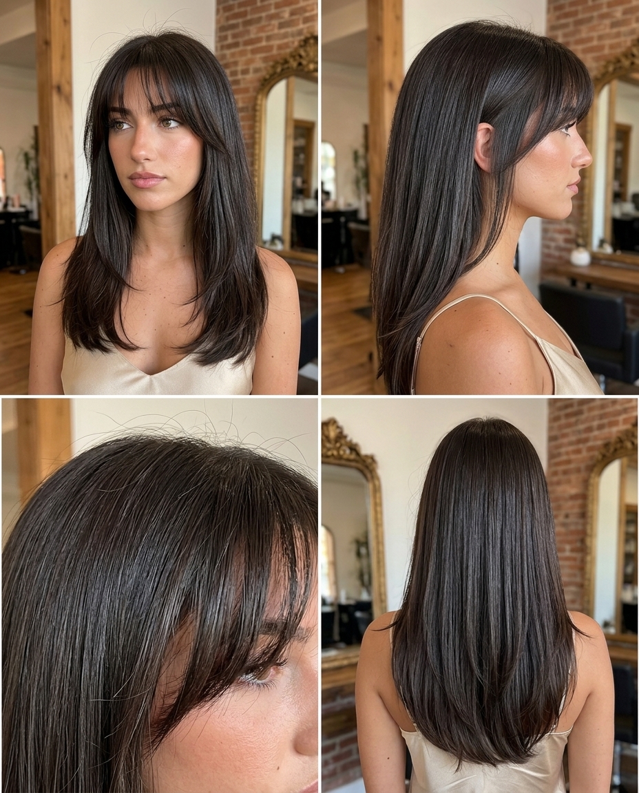 long blunt haircut with midnight espresso brunette, wispy Birkin bangs — effortless, playful, chic