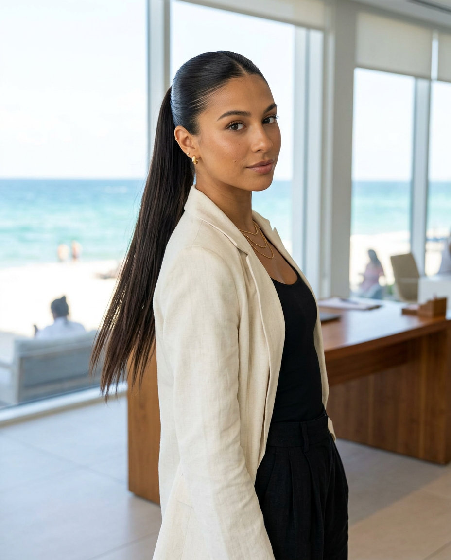 long espresso brunette high ponytail with glass hair finish and concealed hair tie for date night