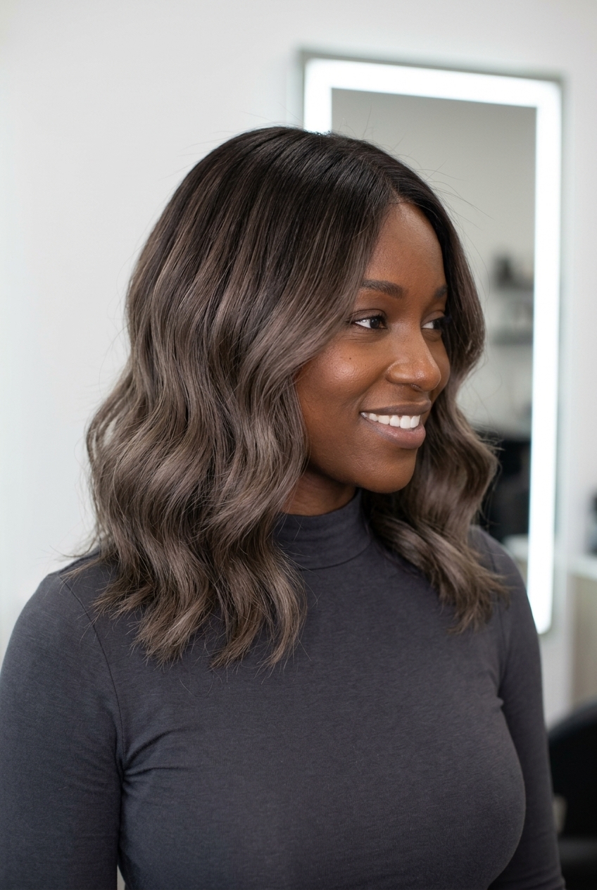 long layered espresso mushroom brown hair with root smudge, cool ash blend for summer 2026