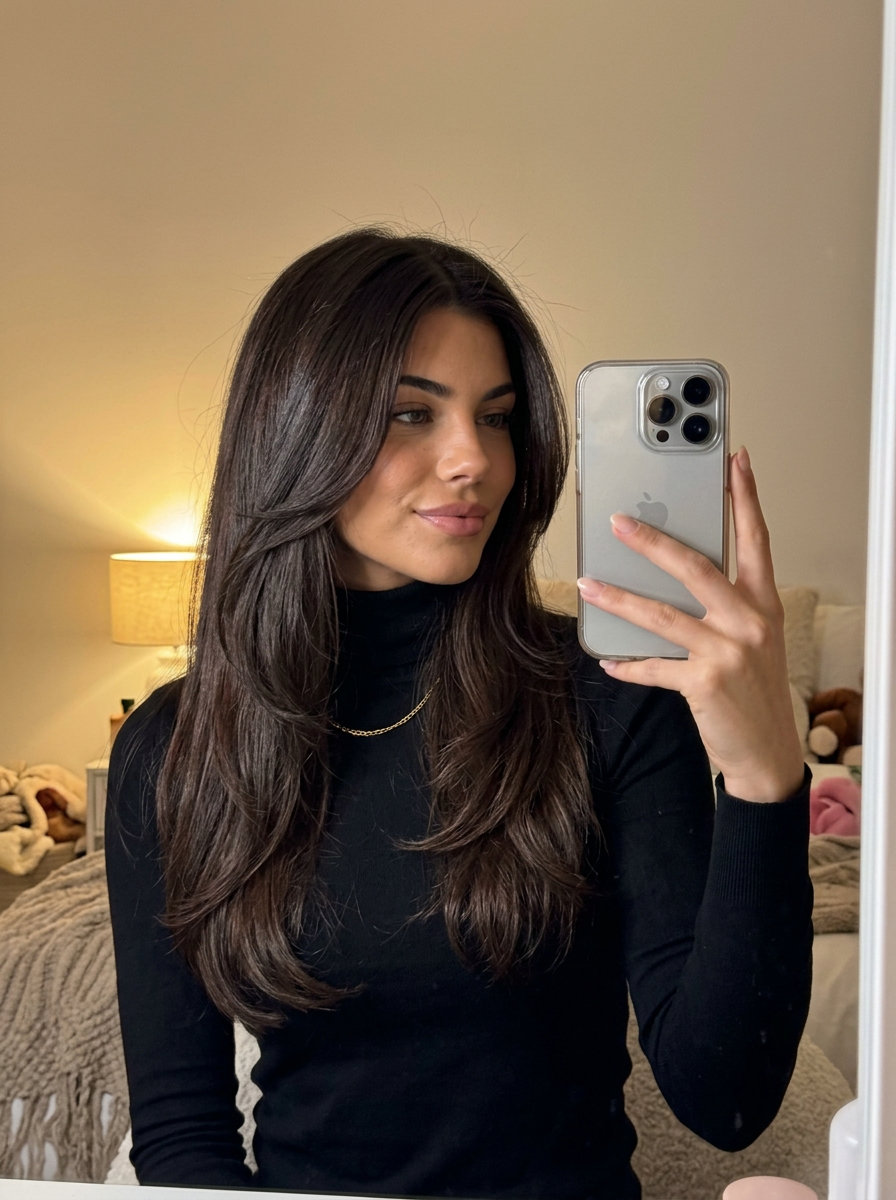 long U-shaped layered cut with espresso roast and no bangs for summer