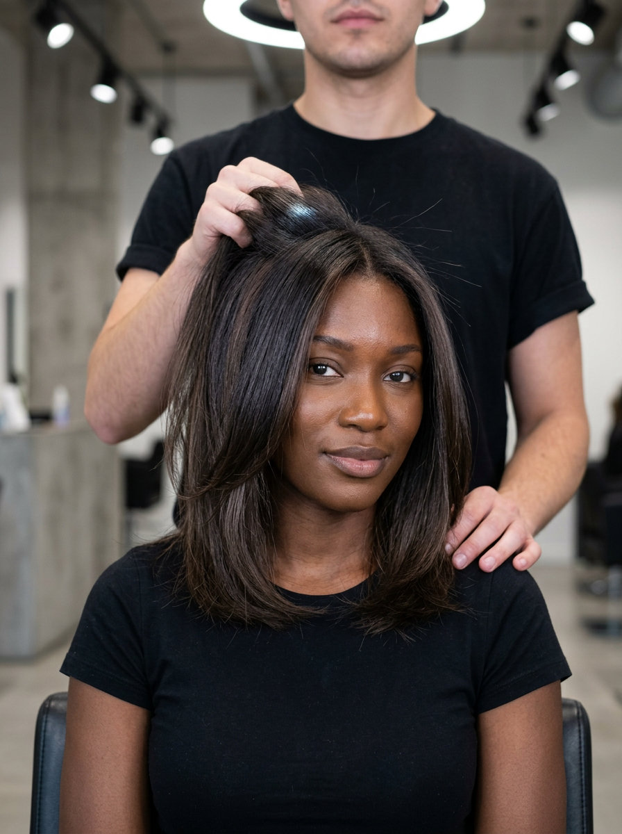 long espresso mushroom brown hair color with underlights, blunt lob, no fringe — playful edgy mystery