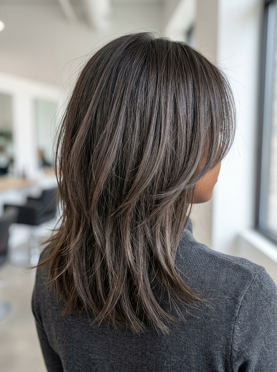long choppy shag haircut with deep espresso and ash lowlights, internal layering, face-framing layers — sophisticated and effortless