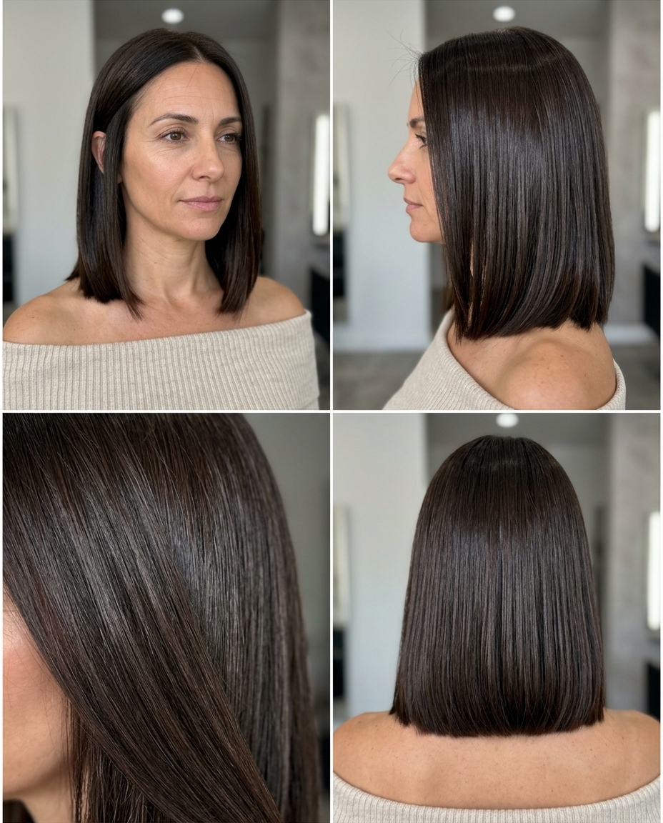 shoulder-length blunt lob haircut in Espresso Martini brunette with high-gloss finish, razor-sharp perimeter — summer gala