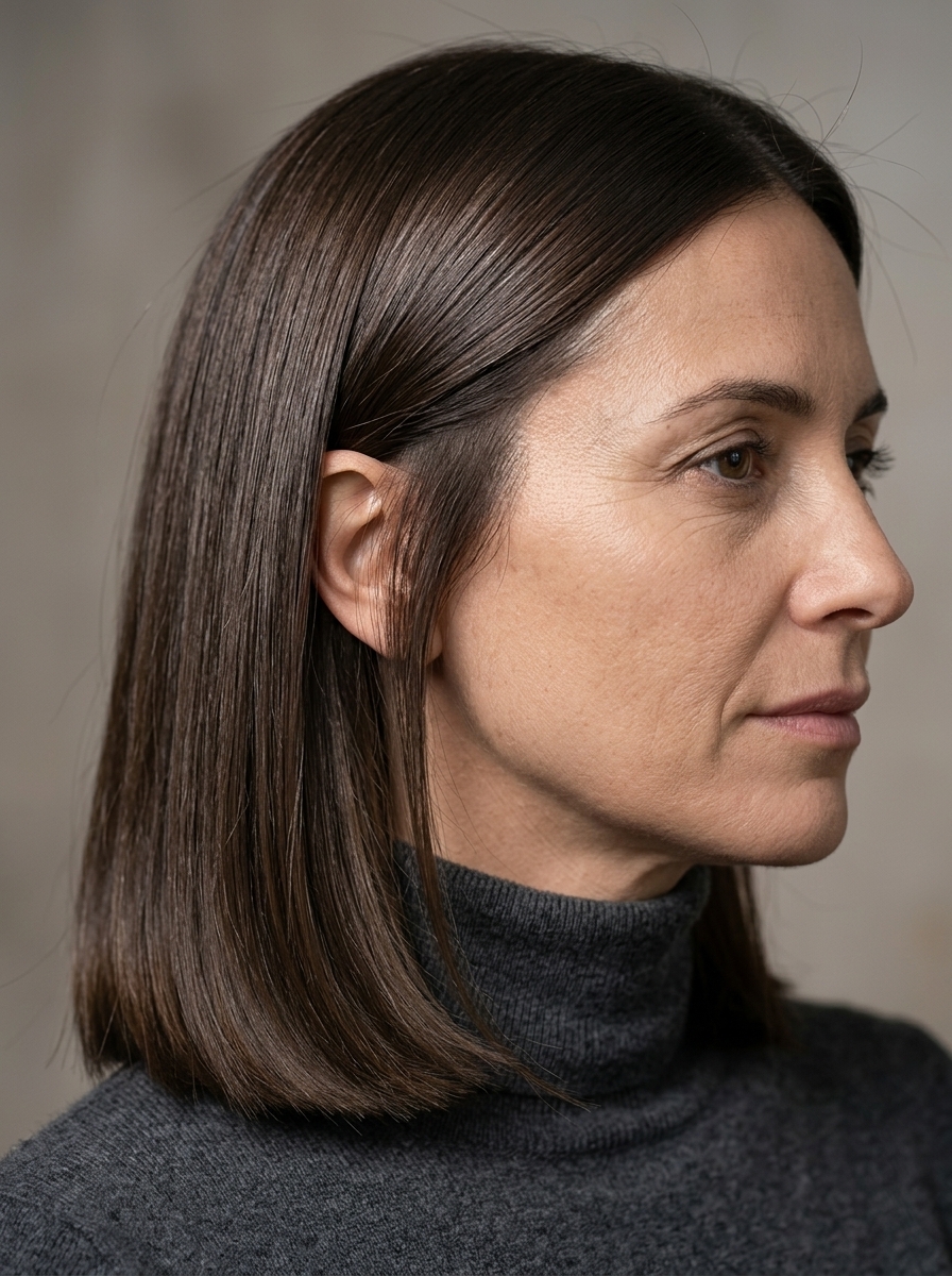shoulder-length blunt midi haircut in Espresso Martini brunette with high-gloss finish, blunt cut — professional event