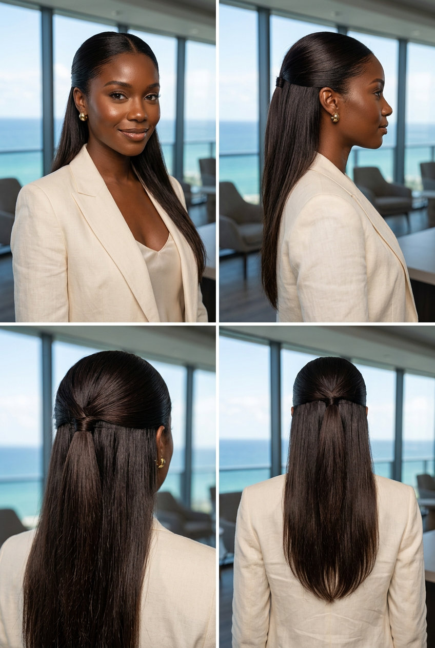 Sleek Half-Up: Professional Summer Vacation Hairstyle 2026 long espresso martini half-up with sleek center part and high-gloss finish for summer vacation 2026