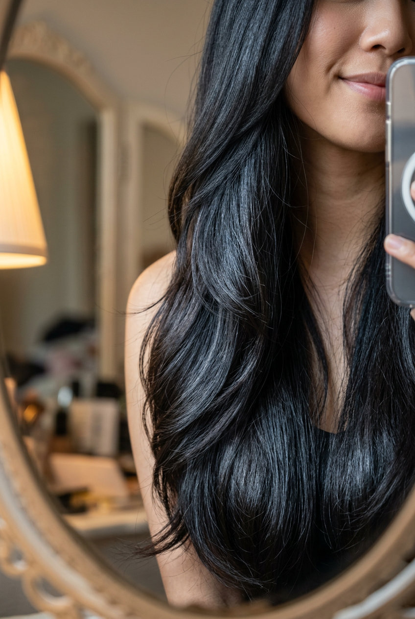 long espresso martini layers with near-black brown and cool silver reflect, seamless layers, no bangs — glamorous sophisticated date night