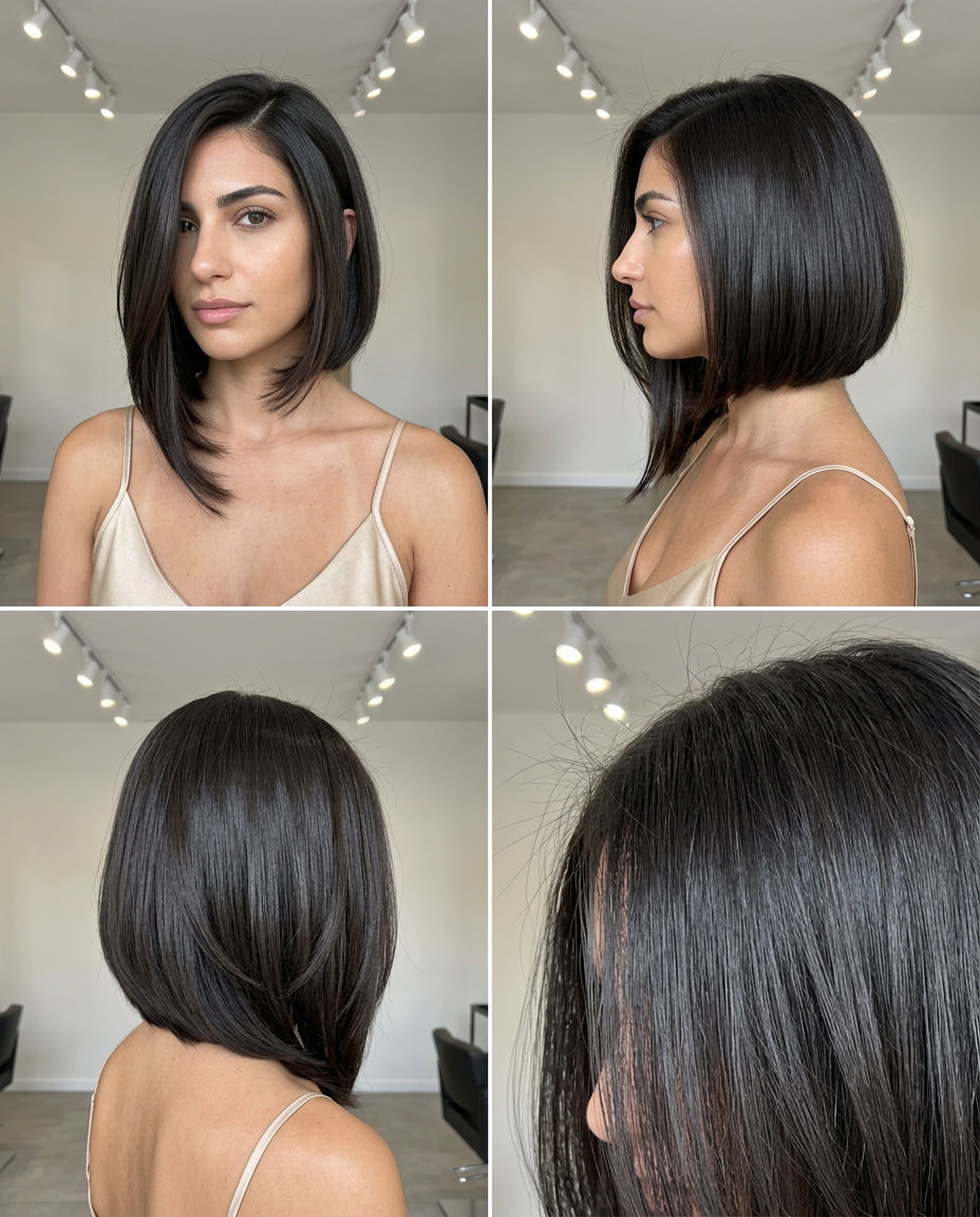 medium espresso roast haircut with asymmetrical sides and internal point-cut layers for boldness
