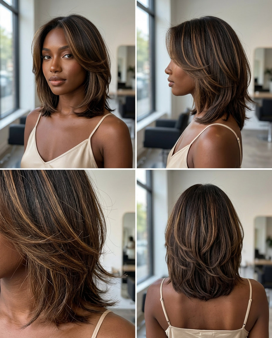 medium-length kitty cut with espresso brunette and face-framing layers for summer