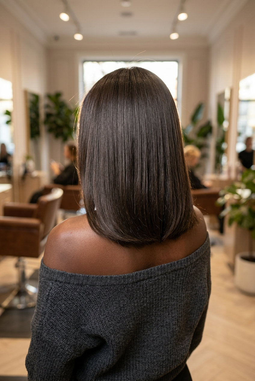 medium midnight silk lob haircut with espresso, blunt perimeter, no layers — elegant evening gala