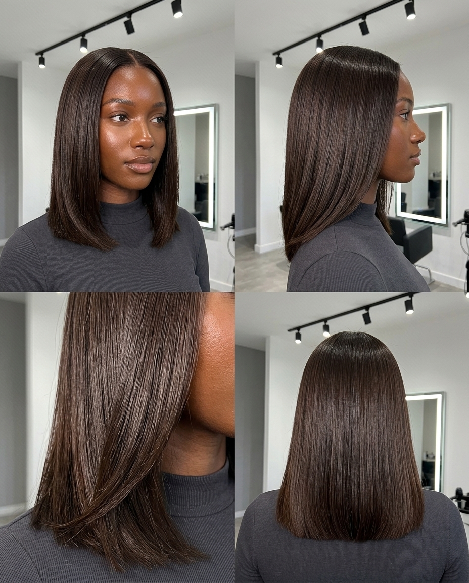 mid-length cool espresso brunette blunt cut with high gloss for sophisticated style