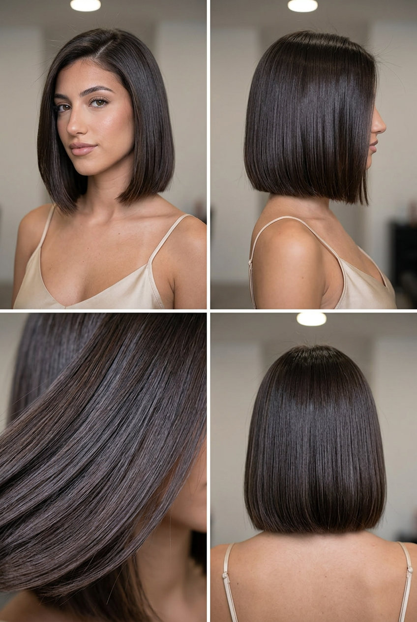 chin-length bob haircut with espresso roast brunette & high-gloss finish, razor-sharp perimeter, sleek mood