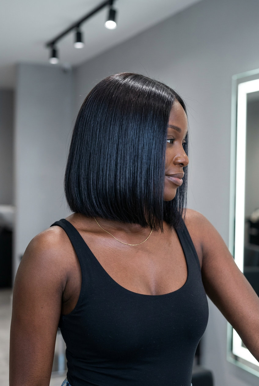 collarbone-length bob haircut with espresso roast brunette & blue-black undertone, blunt perimeter, sophisticated mood
