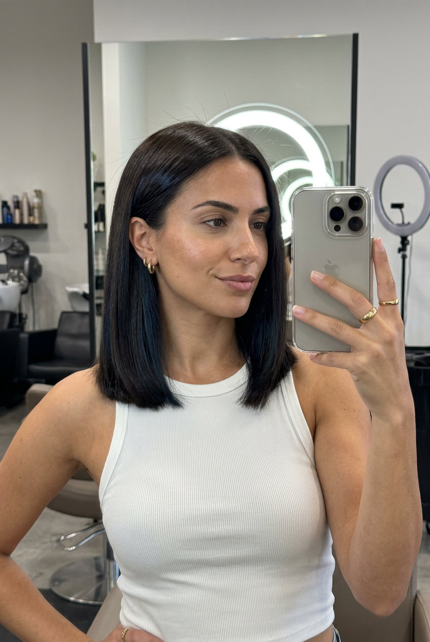 collarbone-length haircut with espresso roast brunette & blue-black lowlights, blunt perimeter, sophisticated mood