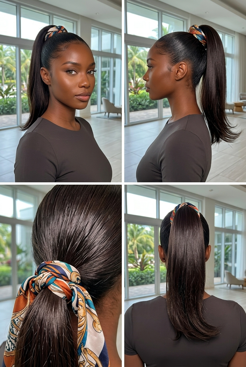 long espresso roast high-shine ponytail with deep brunette, silk scarf for professional