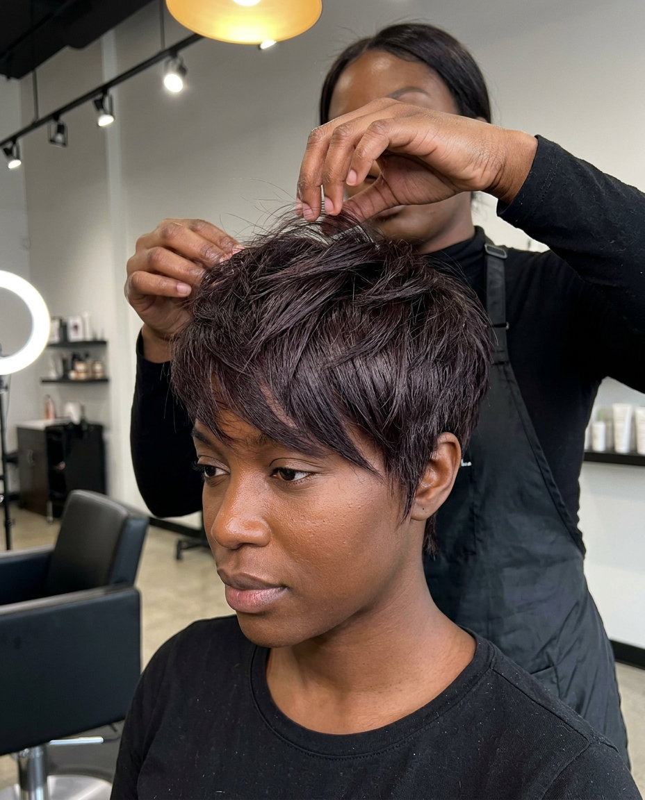short pixie haircut with espresso roast brunette & violet undertones, tapered sides, asymmetrical fringe, bold mood