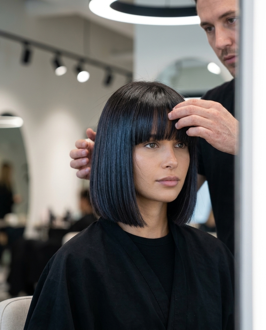 Sophisticated Dark Espresso Bob with Blunt Fringe 2026 short bob haircut with deep espresso and blunt fringe, high-gloss finish — sophisticated edgy