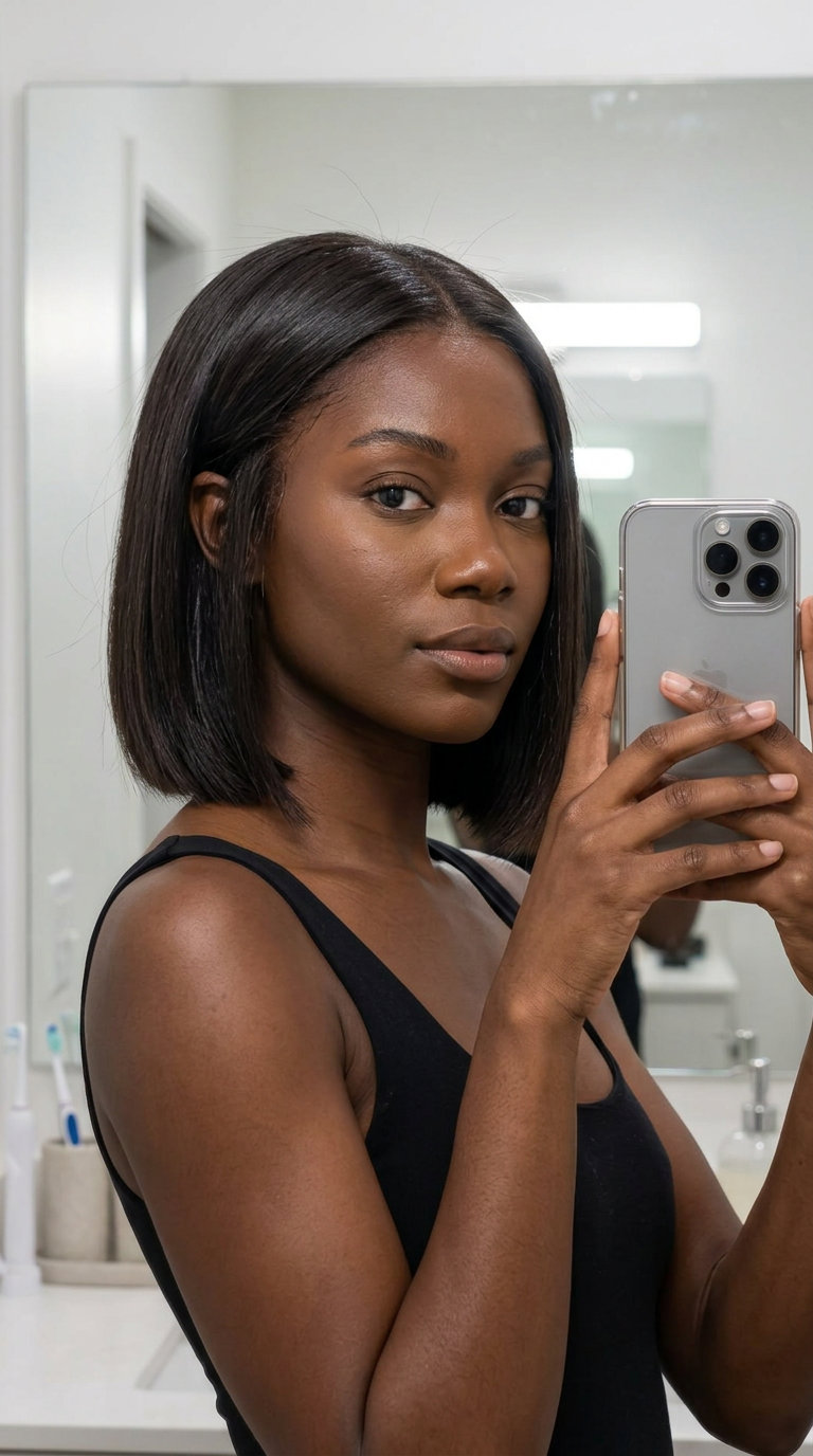short espresso martini brunette blunt bob with high-gloss finish for professional events
