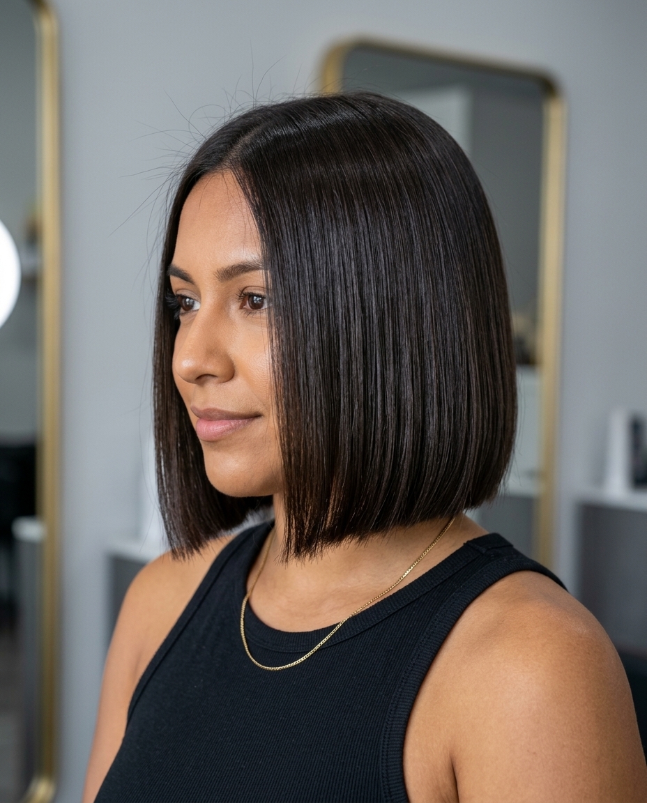 short blunt bob haircut in deep espresso brunette with high-gloss lacquer, razor-sharp perimeter, no layers — bold luxe