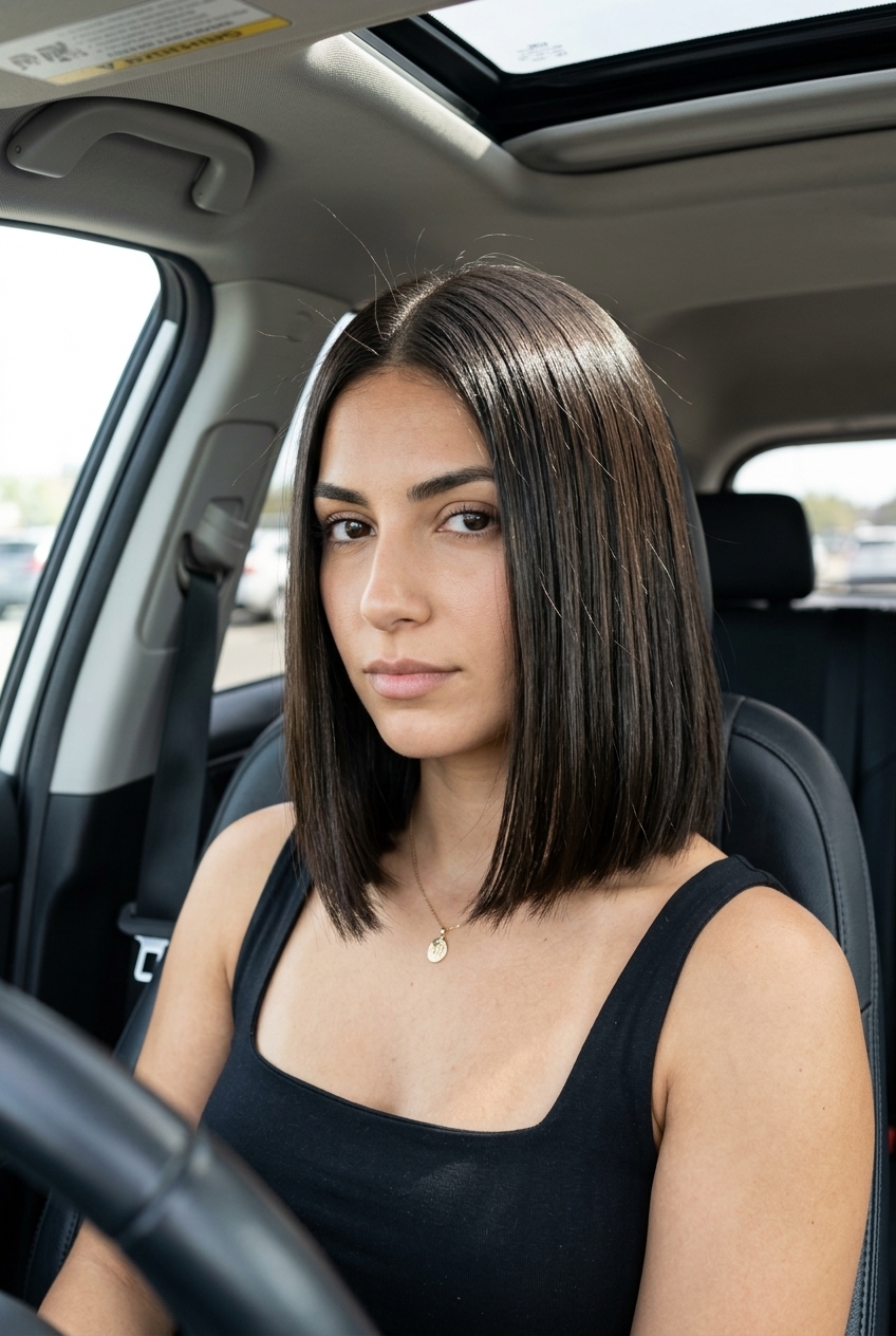 short sleek bob haircut in deep espresso brunette with high-gloss finish, blunt perimeter, no layers — professional sophistication