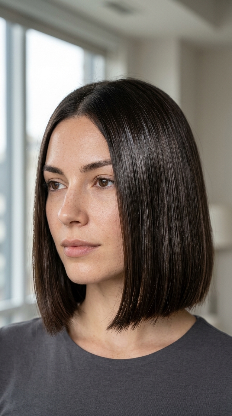 short blunt bob haircut in deep espresso brunette with cool undertones and high-gloss finish for professionals