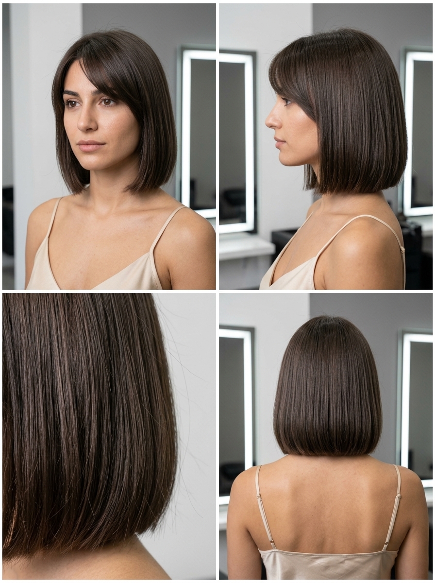 Sleek Espresso Bob with Side Bangs 2026 short espresso brunette bob with side-swept bangs and cool ash undertones for summer