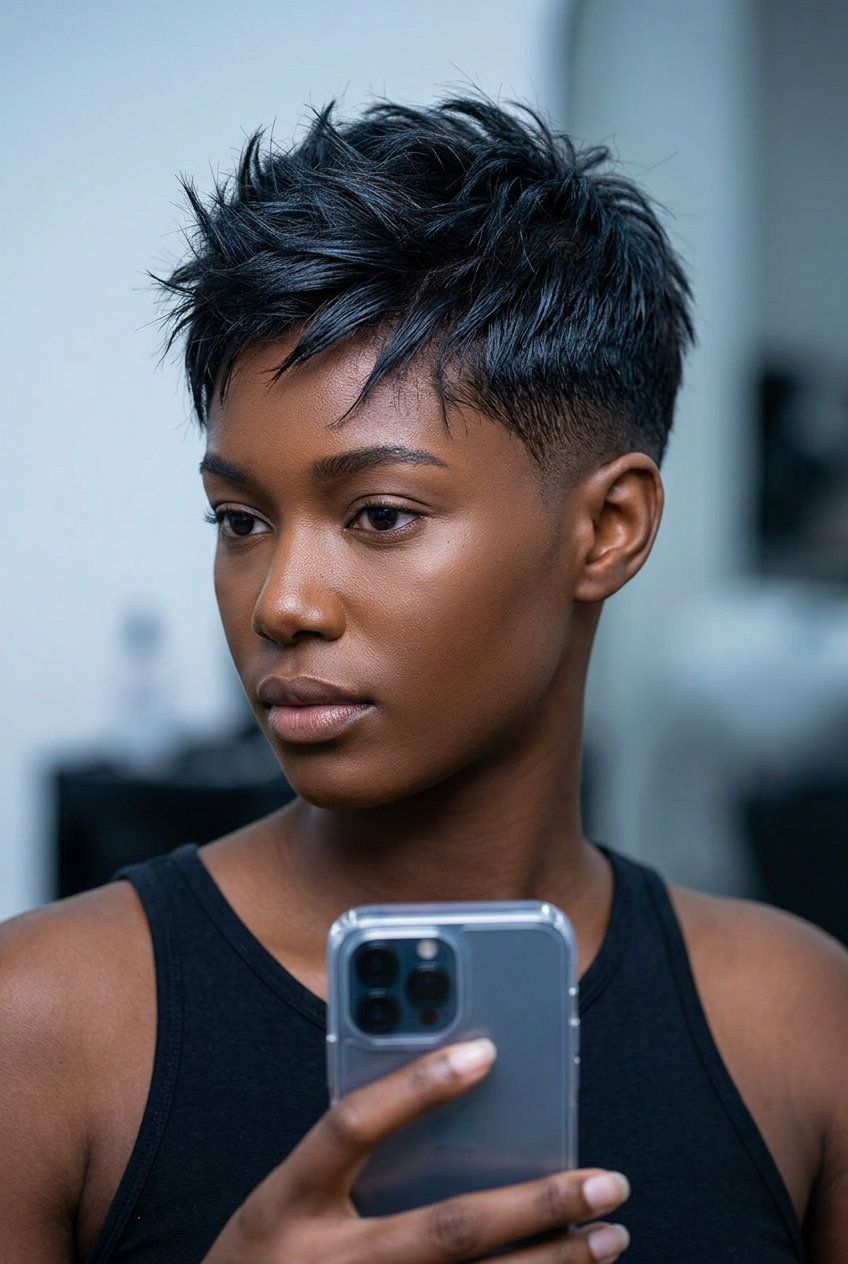 short pixie haircut in espresso roast with blue-black lowlights, clipper fade, spiky texture — edgy summer haircut for round face 2026