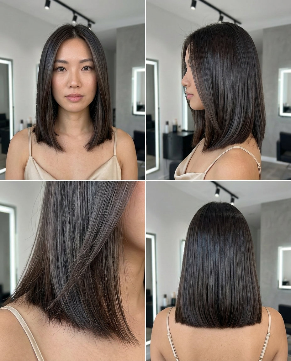 shoulder-length espresso brunette with blunt cut for professional events
