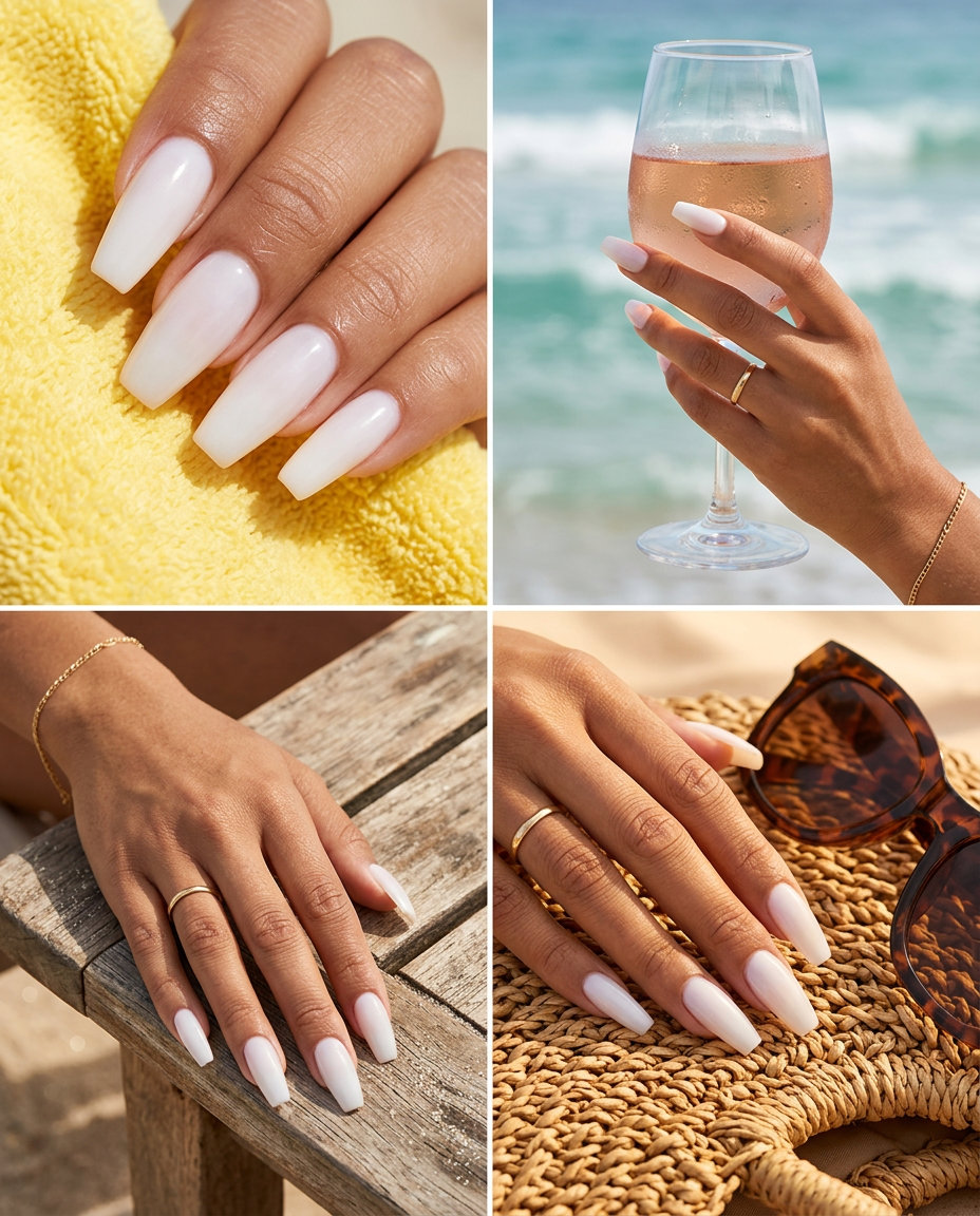 Ethereal Aura Coffin summer dip nails 2026: milky white with pink/peach gradient and shimmer on coffin nails.